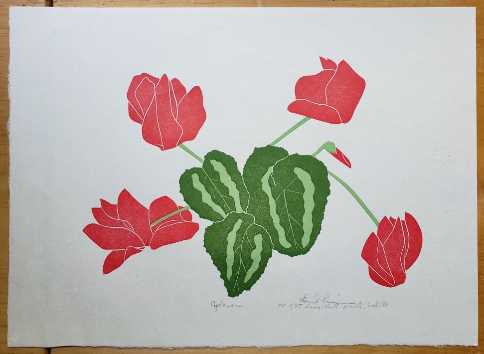 Linoleum Block Print of a Northern California Plant or Flower: Untitled.  Signed and Numbered by Dr. Edmund E. Simpson.